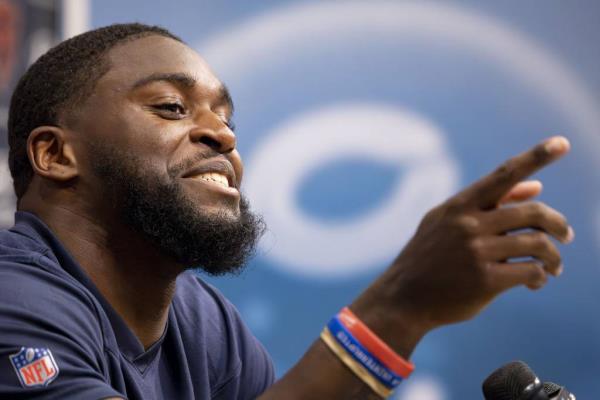 Bears cornerback Jaylon Johnson speaks after practice during organized team activities on June 7 at Halas Hall.